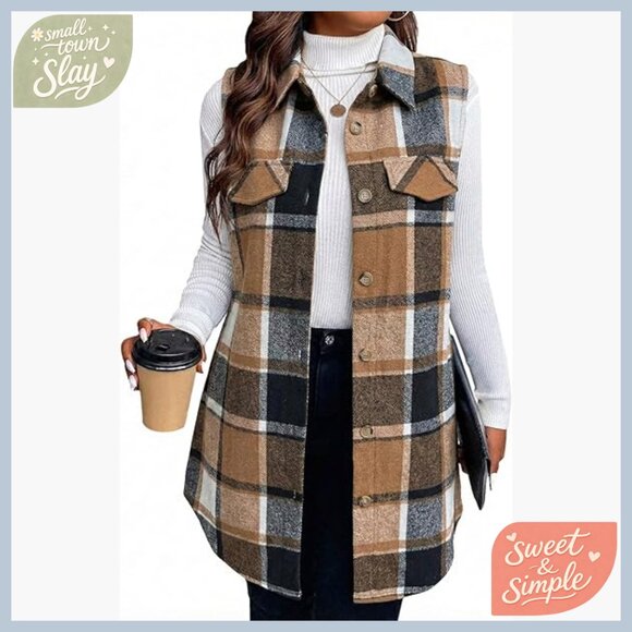 Jackets & Blazers - Women's Flannel Plaid Vest Jacket Fully-Lined Sleeveless Warm Casual Outerwear